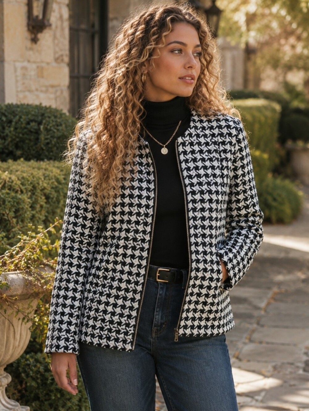 Talbots Houndstooth Wool Blend Blazer Jacket Full Zip